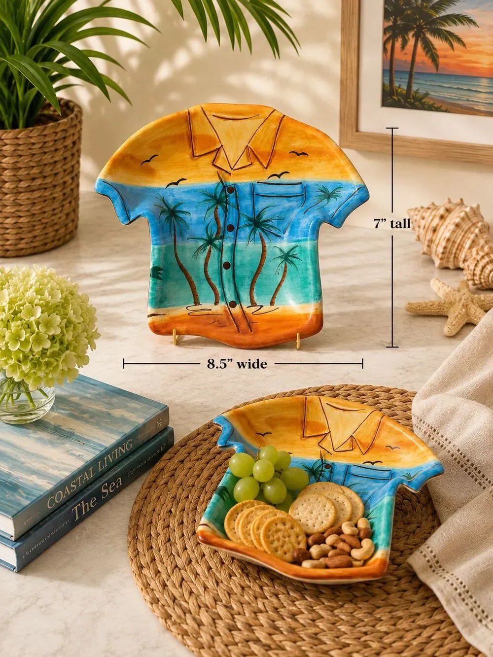 Clay Art Hawaiian Shirt Serving Dish Tropical Palm Tree Ceramic 8.5